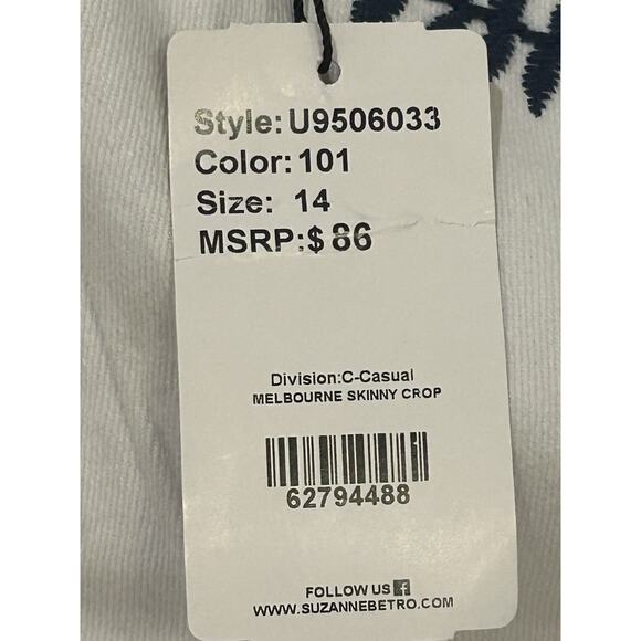 NWT Suzanne Betro Denim White Embroidered Skinny Cropped Jeans Women's size 14 - Picture 5 of 6